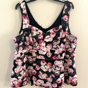 Torrid Tank Top Size 3 3X Black Pink Floral Rose Peplum Cotton